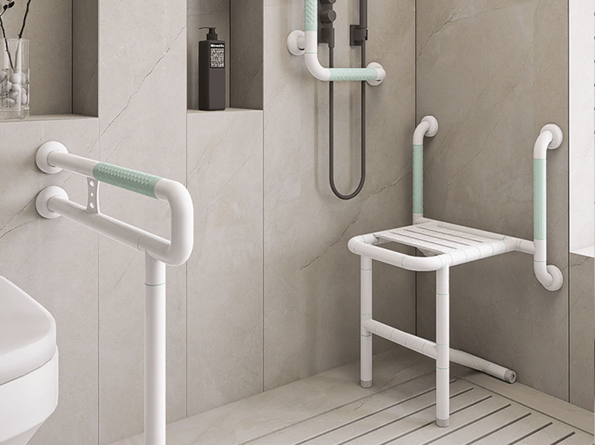 Hospital Bathroom Renovation with Toilet Support Rails and Shower Stools